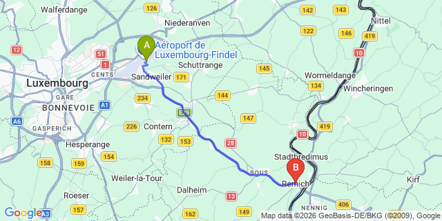 Map: Luxembourg Airport (LUX) to Remich