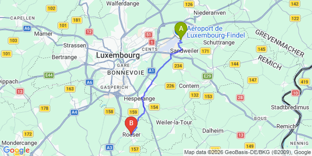 Map: Luxembourg Airport (LUX) to Roeser