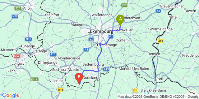 Map: Luxembourg Airport (LUX) to Rumelange