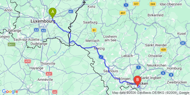 Map: Luxembourg Airport (LUX) to Saarbrücken