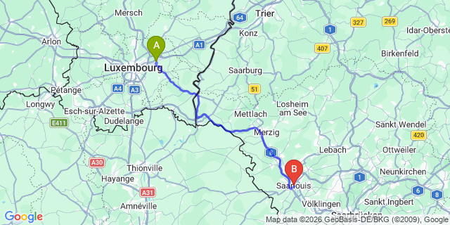 Map: Luxembourg Airport (LUX) to Saarlouis