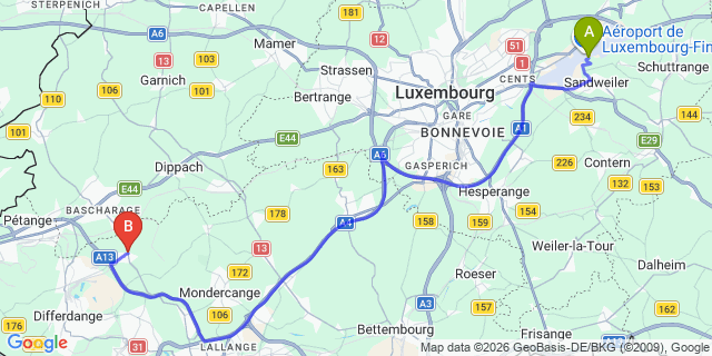Map: Luxembourg Airport (LUX) to Sanem