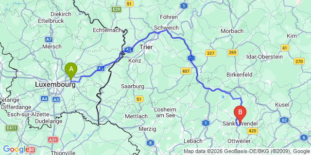 Map: Luxembourg Airport (LUX) to Sankt Wendel