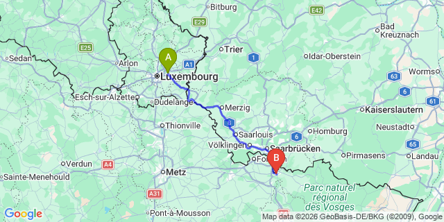 Map: Luxembourg Airport (LUX) to Sarreguemines
