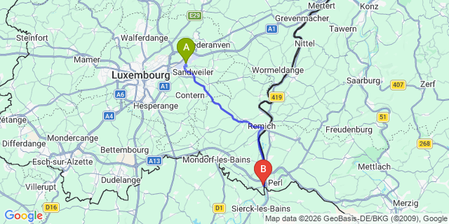 Map: Luxembourg Airport (LUX) to Schengen