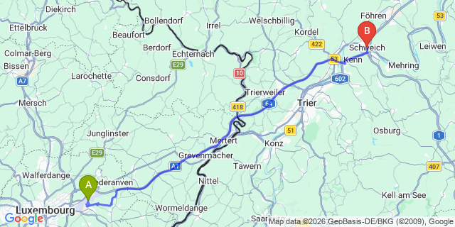 Map: Luxembourg Airport (LUX) to Schweich