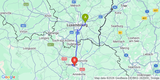 Map: Luxembourg Airport (LUX) to Seremange-Erzange