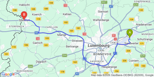Map: Luxembourg Airport (LUX) to Steinfort