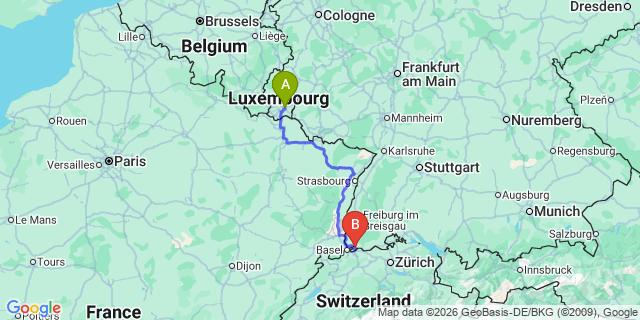 Map: Luxembourg Airport (LUX) to Strasbourg