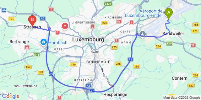 Map: Luxembourg Airport (LUX) to Strassen