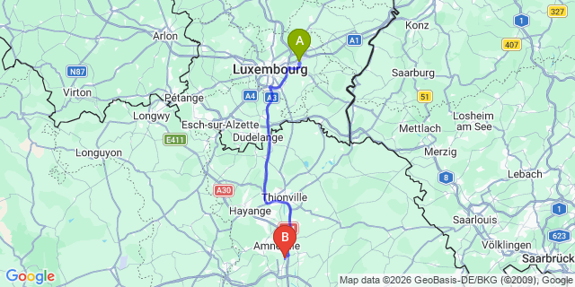 Map: Luxembourg Airport (LUX) to Talange