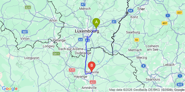 Map: Luxembourg Airport (LUX) to Thionville