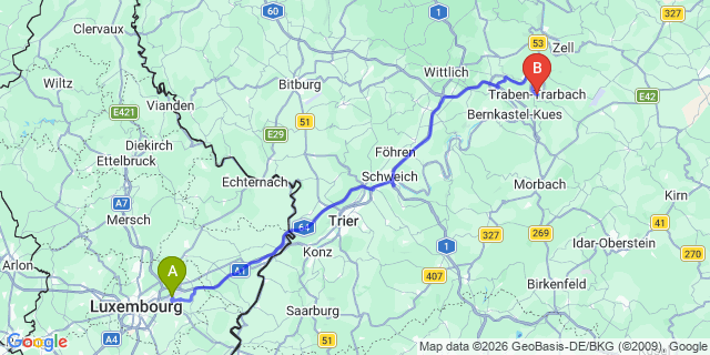 Map: Luxembourg Airport (LUX) to Traben-Trarbach