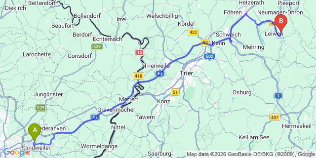 Map: Luxembourg Airport (LUX) to Trittenheim