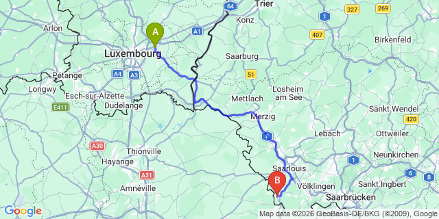 Map: Luxembourg Airport (LUX) to Uberherrn