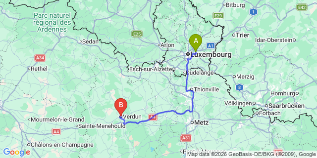 Map: Luxembourg Airport (LUX) to Verdun