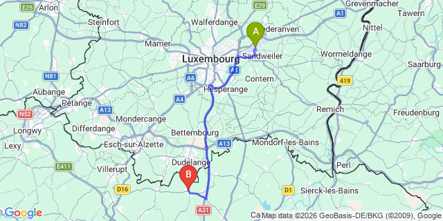 Map: Luxembourg Airport (LUX) to Volmerange-les-Mines