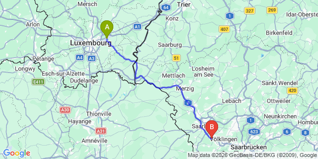 Map: Luxembourg Airport (LUX) to Wadgassen