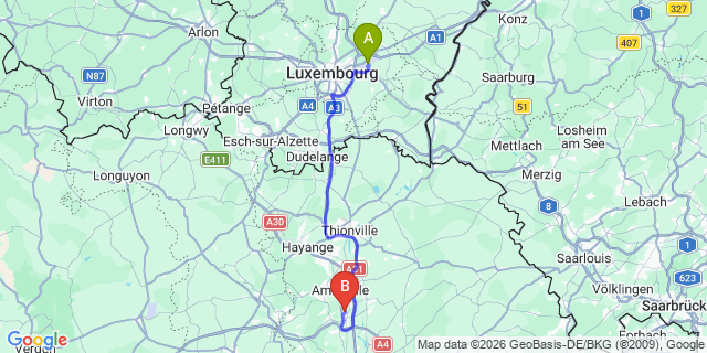 Map: Luxembourg Airport (LUX) to Park Waligator