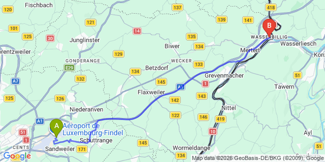 Map: Luxembourg Airport (LUX) to Wasserbillig
