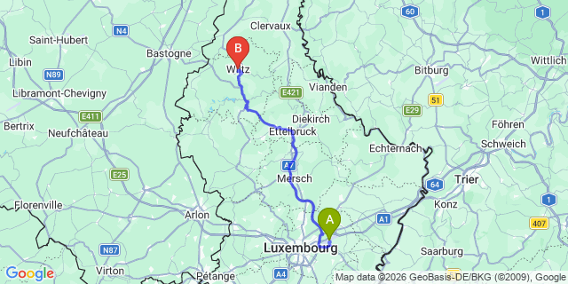 Map: Luxembourg Airport (LUX) to Wiltz