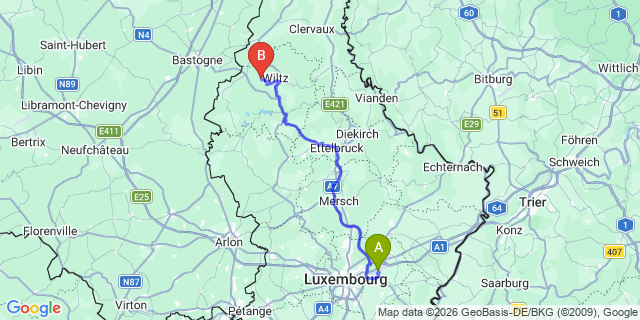 Map: Luxembourg Airport (LUX) to Winseler
