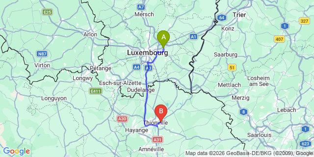Map: Luxembourg Airport (LUX) to Yutz