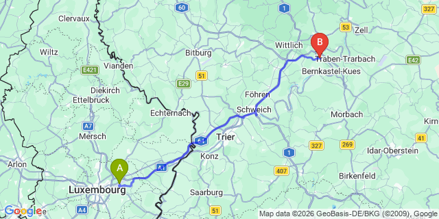 Map: Luxembourg Airport (LUX) to Zeltingen-Rachtig