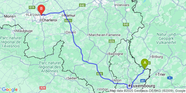 Map: Charleroi Airport Brussels South (CRL) to Echternach
