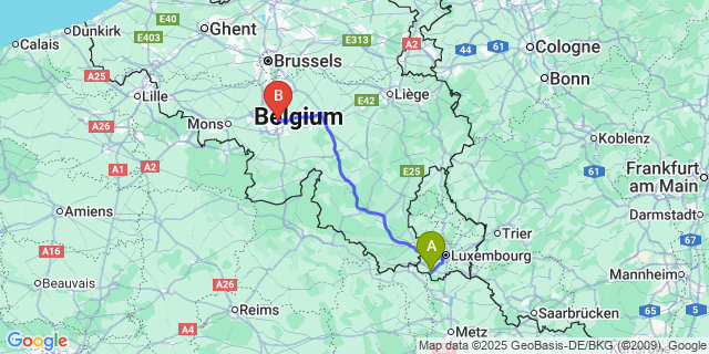 Map: Charleroi Airport Brussels South (CRL) to Esch-sur-Alzette