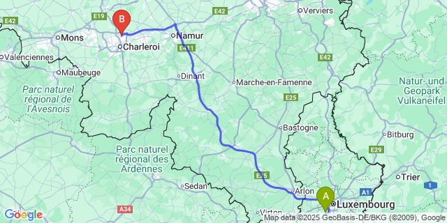 Map: Charleroi Airport Brussels South (CRL) to Leudelange