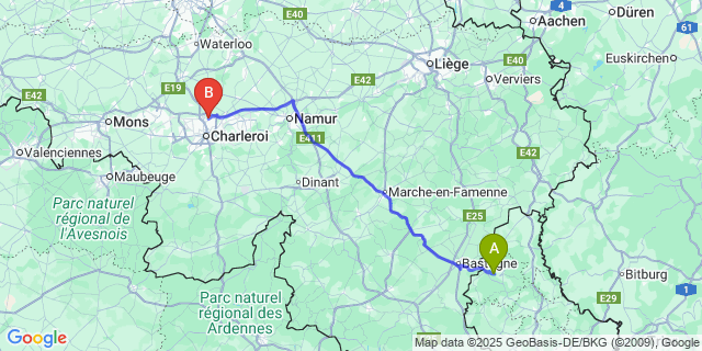 Map: Charleroi Airport Brussels South (CRL) to Winseler