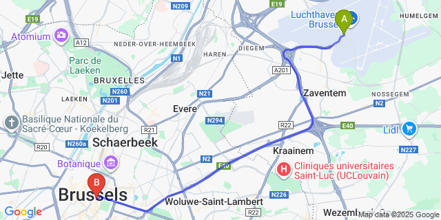 Map: Brussels Zaventem Airport (BRU) to 9HOTEL CENTRAL, Brussels