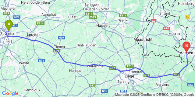 Map: Brussels Zaventem Airport (BRU) to Aachen