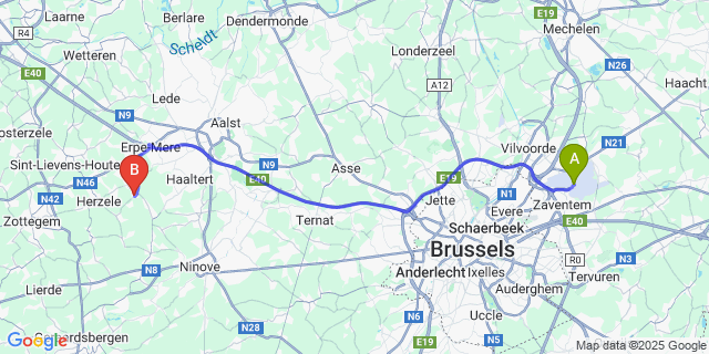 Map: Brussels Zaventem Airport (BRU) to Aaigem