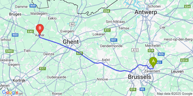 Map: Brussels Zaventem Airport (BRU) to Aalter