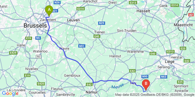 Map: Brussels Zaventem Airport (BRU) to Abée