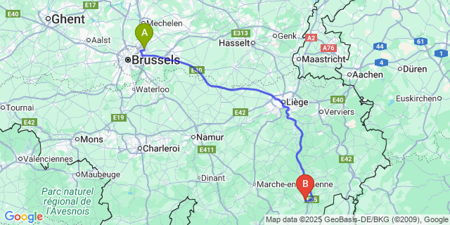 Map: Brussels Zaventem Airport (BRU) to Achouffe