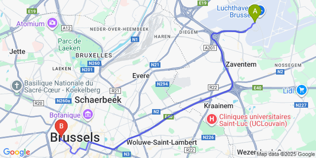 Map: Brussels Zaventem Airport (BRU) to Adinkampzaal