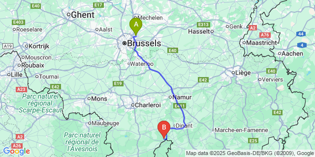 Map: Brussels Zaventem Airport (BRU) to Agimont