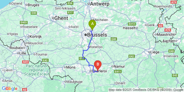Map: Brussels Zaventem Airport (BRU) to Aiseau-Presles