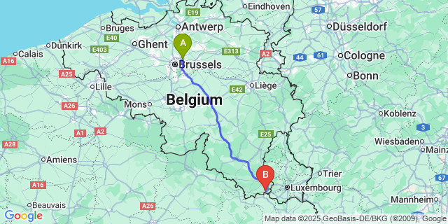 Map: Brussels Zaventem Airport (BRU) to Aix-sur-Cloie