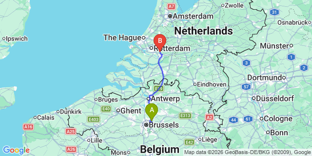 Map: Brussels Zaventem Airport (BRU) to Alblasserdam