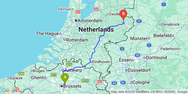 Map: Brussels Zaventem Airport (BRU) to Almelo