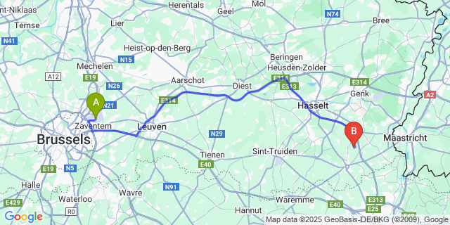 Map: Brussels Zaventem Airport (BRU) to Alt-Hoeselt