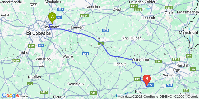 Map: Brussels Zaventem Airport (BRU) to Amay