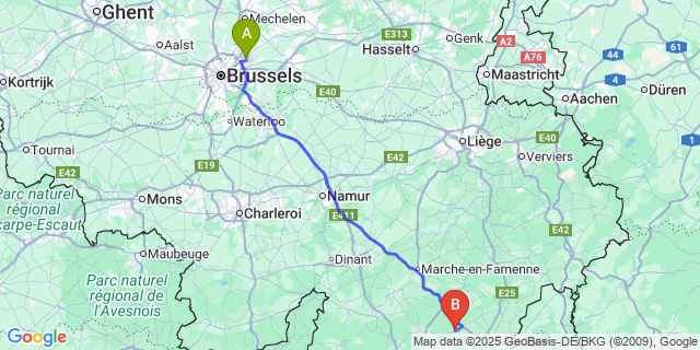 Map: Brussels Zaventem Airport (BRU) to Amberloup