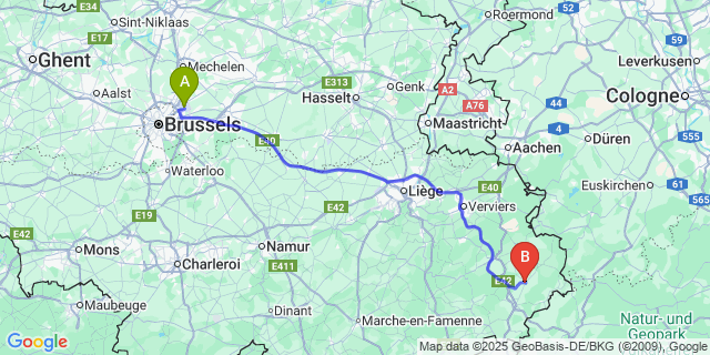 Map: Brussels Zaventem Airport (BRU) to Amel