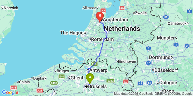 Map: Brussels Zaventem Airport (BRU) to Amstelveen