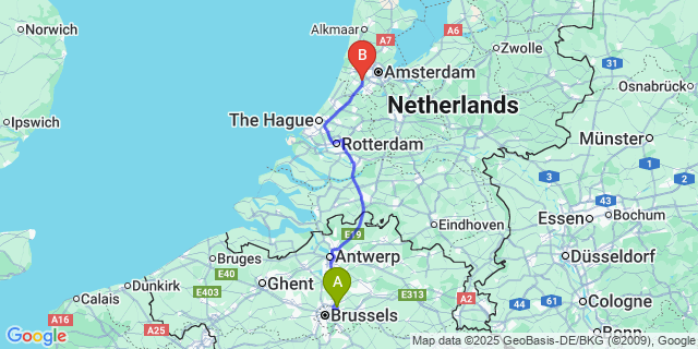 Map: Brussels Zaventem Airport (BRU) to Amsterdam Schiphol Airportcancelled